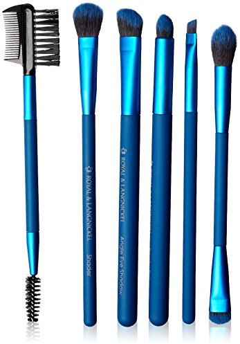 MODA Royal & Langnickel Lot de 7 pinceaux de maquillage avec pochette de rangement pour ombre d'angle, estompeur de plis, ombre à paupières, smoky eye, pinceau à sourcils et peigne à cils, bleu