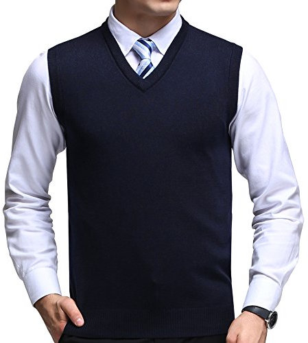 FULIER Mens Winter V-Neck Sleeveless Vest Classic Business Gentleman Knitwear Knitted Waistcoat Sweater Cardigans Tank Tops (X-Large, Navy)