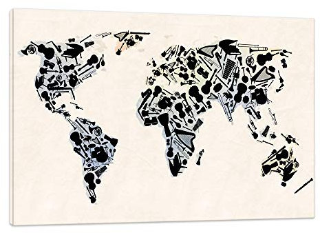 Weltkarte Instrument - Schwarz/Weiß 40x60cm - by 10Tokyo Weltkarten Kunstdruck 2cm Worldmap (div. Varianten/Größen)- Leinwandbild Wandbild/fertig aufgespannt/fertig zum aufhängen