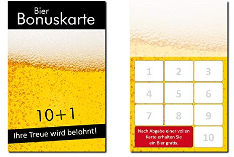 100 Bier Bonuskarten BOK-415 mit 10 Stempelfelder Treuekarten Gastronomie | Stempelkarten für Kneipe, Gaststätte, Restaurant, Lokal, Gasthaus, Wirtshaus, Bar, Pub, Café und Biergarten
