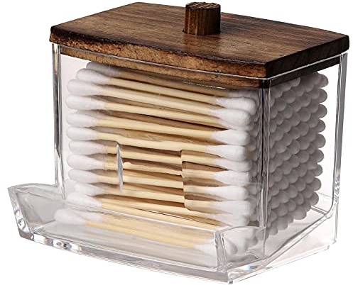 Tbestmax Qtip Wattestäbchen-Pad-Halter, 200 ml, Wattestäbchen-Spender, Badezimmer-Behälter, Apothekerglas zur Aufbewahrung, braune Holzdeckel, 1 Stück