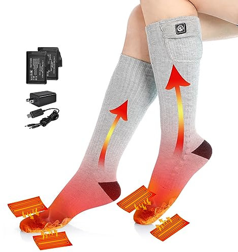 Chaussettes chauffantes pour Homme et Femme, SAVIOR HEAT Chaussettes de Ski Longues et épaisses avec Batterie Rechargeable électrique pour l'hiver la randonnée Camping Moto Cyclisme Courir (L)