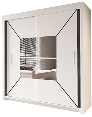 INTERWOOD Modern center Mirror Sliding Doors Wardrobe, featuring double sliding Doors, Hanging Rails & Adjustable Shelves, Space Saving solutions for Bedroom furniture in Matt finish 203cm(white)