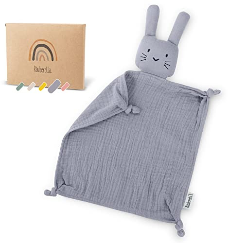 Räuberella® Schnuffeltuch in Blau-Grau I Weiches & waschbares Kuscheltuch aus 100% Bio-Baumwolle I Bezaubernder Schmusetuch-Hase I Geburt, Baby-Shower & Gender-Reveal-Party