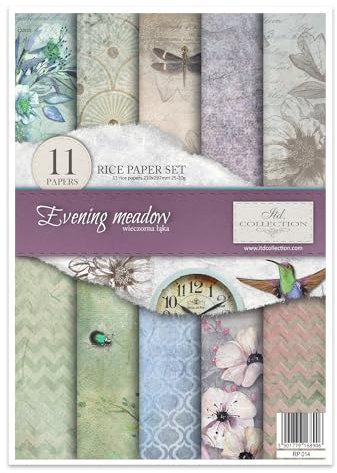 ITD Collection - Reispapier Kreativset A4 Decoupage Rice Paper Sheet 29,7 x 21 cm Serviettentechnik Mehrfarben (Evening Meadow, RP014)