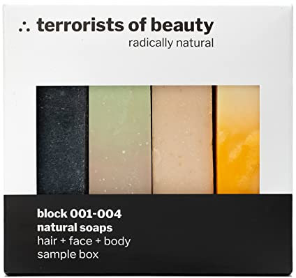 terrorists of beauty - Handgemachte Dusch-seife und Haar-seife block 001-004 Sample Box – 200g - Naturseife ohne Plastik, Vegan, Palmölfrei, Tierversuchsfrei