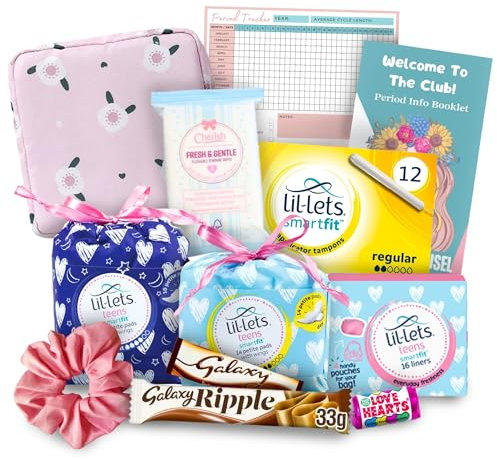 First Period Kit for Girls - Sanitary Pad Storage Bag, Teen Sanitary Towels, Lil-Lets Teens Liners, Lil-Lets Tampons Applicator, Period Wipes, Sweet Treats, Period Info Booklet and Period Tracker