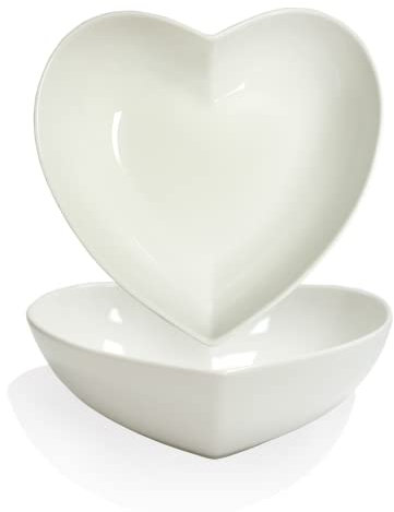 FLORWOD Herzförmige Teller aus Porzellan, 20,3 cm, tiefe Salatteller, 2 große Herzschalen zum Servieren von Desserts, Vorspeisen, Obst, 907 ml