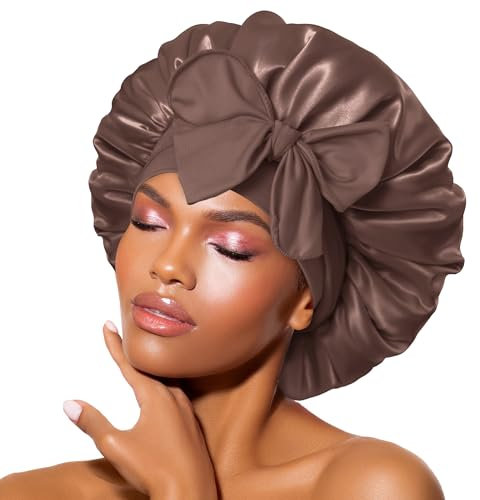 BONNET QUEEN Seidenhaube zum Schlafen, Satin Schlafhaube für Damen & Herren, Bonnet für Lockiges, Glattes Haar, Seidenhaube mit Breitem Elastikband, Motorhaube für Nacht & Alltag, Schokolade
