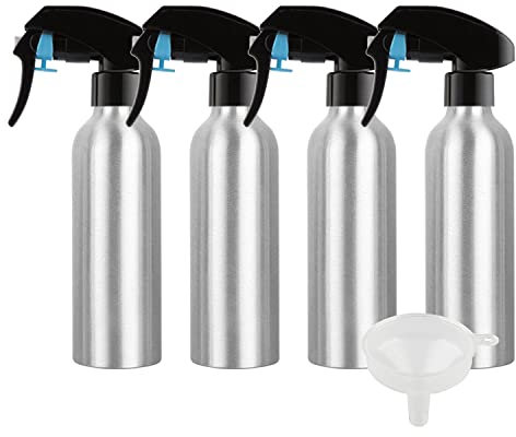 ZEOABSY Pack of 4 Empty 250ml Silver Aluminium Spray Bottle Refillable Aluminum Bottles with Black Trigger Fine Mist Sprayer Metal Spray Bottles for Perfume Hair Garden Travel Cleaning