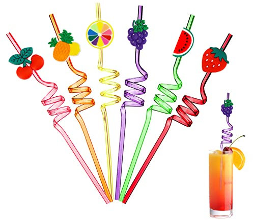 6 Pièce Pailles Fruits, Pailles en Plastique Rigide Bouclées Pailles à Boire Réutilisables pour Enfants Pailles Spirales pour Fournitures de Fête d'anniversaire, Décoration Table Fête