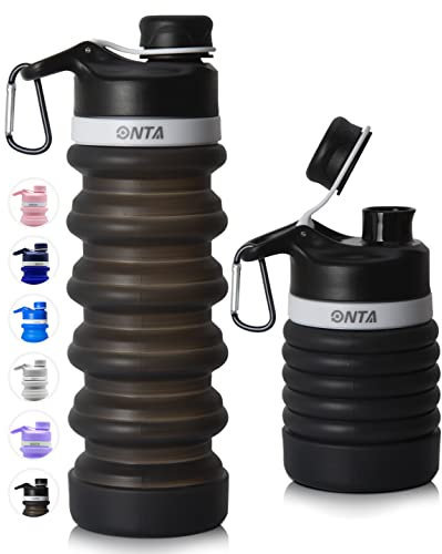 ONTA Faltbare Wasserflasche - BPA-freie für unterwegs, Lebensmitteltaugliche, Tragbare, Lecksichere Reise-Wasserflasche aus Silikon, 20 oz, 20 oz (Schwarz)