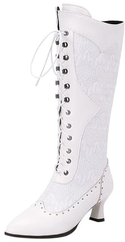COOLCEPT Damen Vintage Viktorianische Stiefel Schnüren Kniehoch Stiefel Almond Toe White Große 40