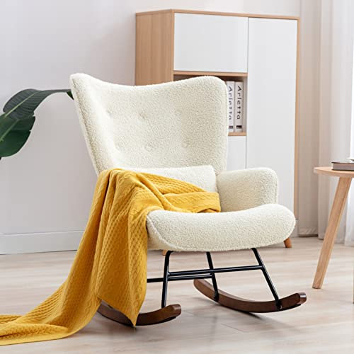 Schaukelstuhl Wohnzimmer Teddy Sessel Boucle Stuhl beige Skandinavischer Schaukelsessel mit Lendenkissen und Holzbeinen moderner Polstersessel Lesesessel Relaxstuhl für Schlafzimmer Balkon