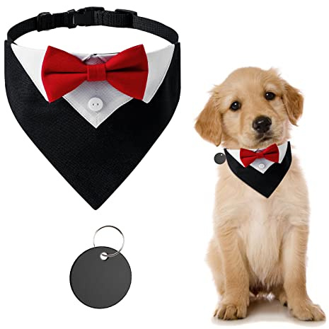 URROMA Red Formal Dog Tuxedo Bandana, Cotton Wedding Collar with Bow Tie and Neck Tie for Dogs and Cats, Small
