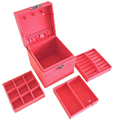 Jauhmui Schmuckkästchen,Dreilagige Kleine Schmuck Organizer Aufbewahrungsbox,Schmuckschatulle aus Samt,Schmuckbox Schmuckkoffer Reise für Damen,für Ohrringe Ringe Halsketten Armbänder Eitelkeit (Rot)
