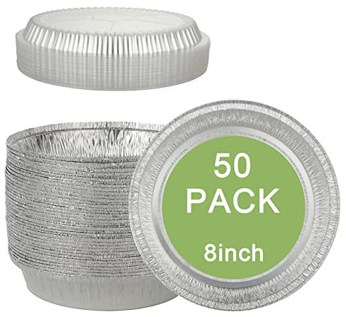 AKOLAFE 50 bandejas de papel de aluminio con tapas bandejas redondas grandes de 8 inch contenedores de papel de aluminio de 1000ml bandejas para hornear para freidora de aire, horno, barbacoa