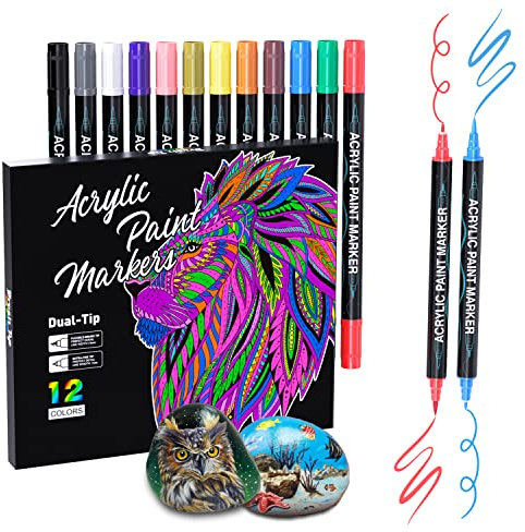 Sonlaryin Acrylstifte Marker Stifte 12 Farben, Doppelspitze Acrylstifte für Steine Wasserfest, Acrylmarker Set für Holz, Glas, Papier, Keramik, Leinwand, Erwachsene Kinder Geschenke Ostern Basteln