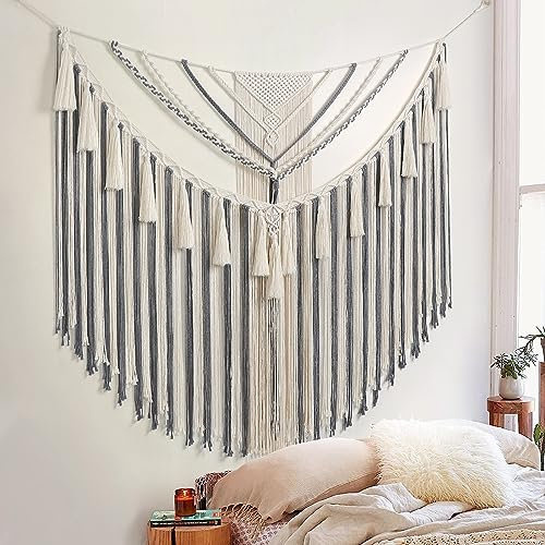 LOMOHOO Großer Makramee-Wandbehang, Boho, geometrische Kunst, gewebte Baumwolle, Wandteppich, Wanddekoration, grau, böhmische Heimdekoration für Wohnzimmer, Schlafzimmer, Wohnheim, Wohnung