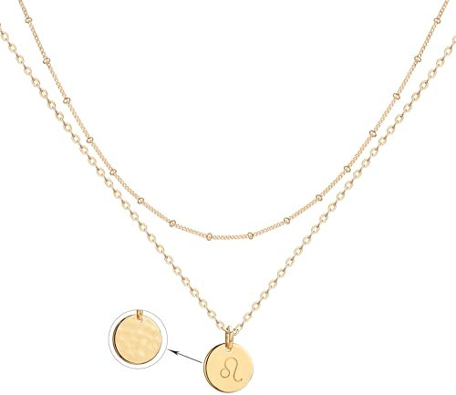 Jenosy Kette Layered Damen Löwe Sternzeichen Kette Gold Personalisierte Halskette mit Anhänger Zarte Mehrreihig Halskette Hypoallergene 18K Vergoldete Kette Modeschmuck für Frauen und Mädchen