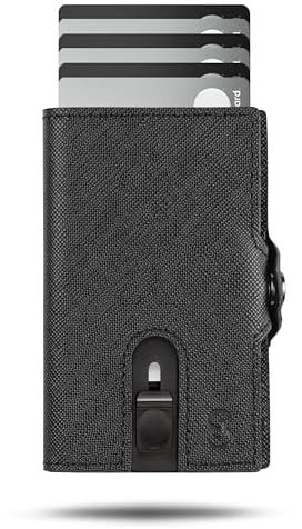 SLIMJACK Smart Wallet mit Münzfach - Kreditkartenetui mit RFID-Schutz - Geldbeutel für Herren - Aluminium-Kartenhalter - Smart Wallet für Karten & Münzen - Schwarz Leder