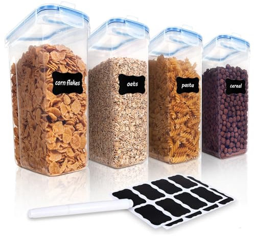 Keyoung 4 Stück Vorratsdosen mit Deckel 2,5L Transparent Luftdicht Frischhaltedosen BPA Freie Kunststoff Müsli Schüttdose Küche Aufbewahrungsbox Mehl Zucker Spaghetti mit Etikett weißem Stift