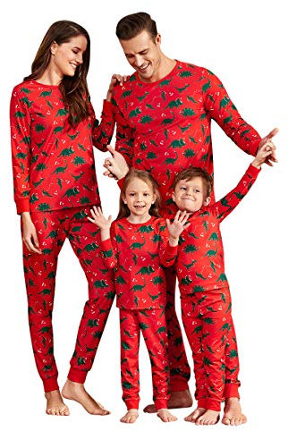 IFFEI Passende Familien Pyjama-Sets Weihnachts-PJ's Roter Dinosaurier und Karierte Hosen, Schlafanzüge Women XL