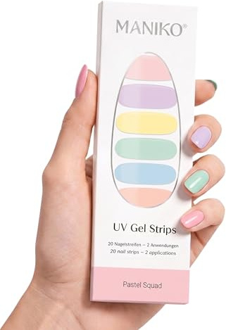 Maniko UV Gel Strips Pastel Squad Bunt – 20 UV Nagelsticker, 2 Anwendungen | UV Nagellack zum Kleben, selbstklebende Nagelfolie für natürliche Nägel, vegan & langanhaltend – Geschenk zu Geburtstag