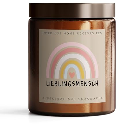 Interluxe Duftkerze im Apothekerglas - Lieblingsmensch Regenbogen - Kerze aus Sojawachs Kerze mit Spruch duftende Kerze im Glas