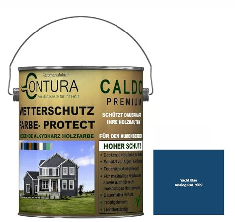 Contura Wetterschutzfarbe 2,5 Liter Holz Dauerschutzfarbe Deckend Buntlack Holzfarbe Holzlasur Seidenmatt (Yacht Blau RAL 5009 Analog)