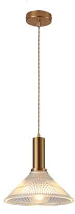 EKSED Pendelleuchte – Lampenschirm aus transparentem Glas, gestreift, 25 cm, mit vergoldeter E27-Lampenfassung und geflochtenem Kabel – Pendelleuchte für Kücheninsel, Wohnzimmer (B)