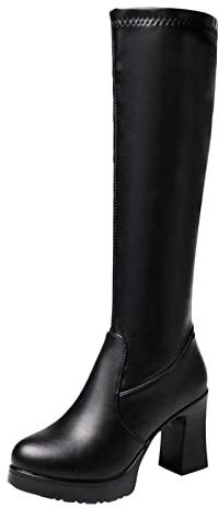 Scarpe Donna Stivali Estivi Traforati Primaverili Stivali Lunghi alla Moda con Tacco e Tacco in Pelle Tinta Unita da Donna in Stile Britannico (Black, 38)