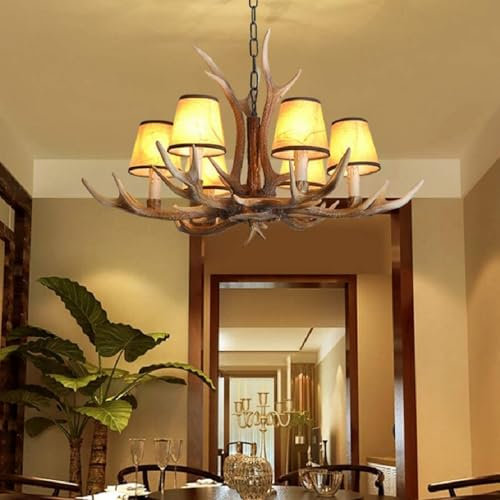 Retro Pendellampe E14 Pendelleuchte Esstischlamp Resin Geweihe Hängelampe Industriestil American Ländliche Kronleuchter Höhenverstellbarer Hängeleuchte Bar Wohnzimmer Cafe Küche Deckenleuchte(6 heads)