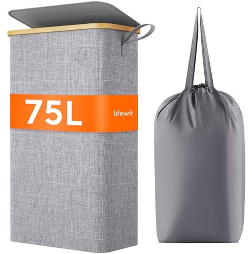 Lifewit 75L Wäschekorb Schmal mit Deckel, Faltbarer Wäschesammler Schmal mit Wäschesack, Laundry Basket Wäscheboxen aus Bambus mit Tragegriff für Apartment, Wohnheim und Wohnwagen, Grau