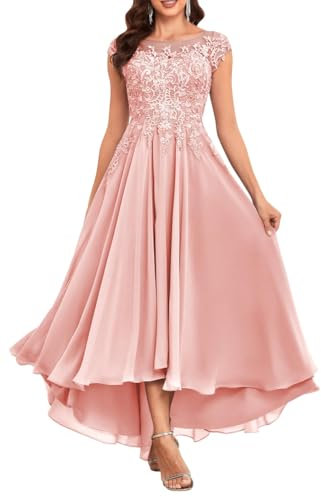 KURFACE Robe de mère de la mariée longueur thé pour mariage dentelle mousseline robe de soirée formelle avec poches, rose, 40