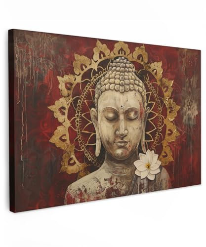 MuchoWow© Bild auf Leinwand Groß 120x80 cm XXL Schlafzimmer Bilder Badezimmer Wand Deko Wohnzimmer Modern Wanddeko Bilderwand Geschenk Buddha - Zen - Blume - Mandala - Gold - Spirituell