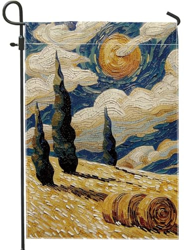 Sternenhimmel-Gartenflagge, blaue Sonne und Zypressen, saisonale Heimdekoration, Gartenflagge, doppelseitige Segeltuch-Hofflagge für Urlaub, Party, Outdoor, Rasendekoration, 30,5 x 45,7 cm