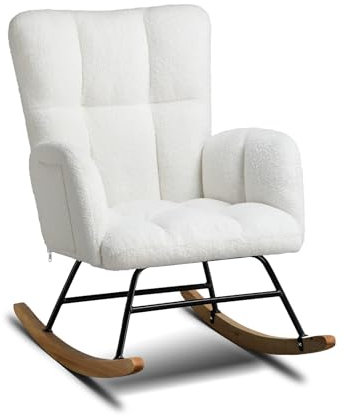 COMHOMA Schaukelstuhl, Relaxsessel mit Armlehnen, Ohrensessel aus Teddy-Plüsch Schaukelsessel, bis 150 kg belastbar, sonnenliege gartenliege für Schlafzimmer, Wohnzimmer, Stilvolles Design weiß