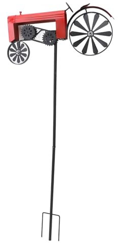 NOENNULL Außenstecker, Windmühle, Dekoration, Pfahl, Traktor, Windspiel, Vintage-Drehräder, Metall-Eisenräder, Windspiel, Außenstecker, Dekoration Blumenbeet, Rasen, Garten (Rot)