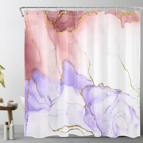 LB Rosa und lila Marmor Duschvorhang 180x180cm Gold gestreift Antischimmel Wasserdicht Badezimmer Vorhänge,Abstrakt Geometrisch Polyester Stoff Bad Vorhang mit Haken