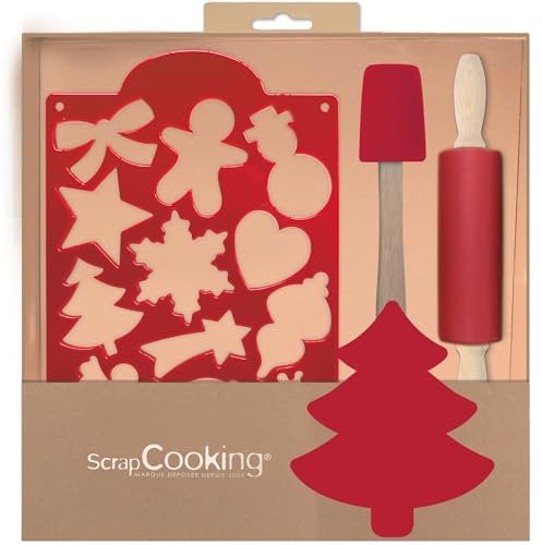 ScrapCooking - Weihnachten Kinder Backset - Mit Spatel, Teigrolle & 1 Ausstechform für Kekse mit 12 Motiven - Geschenkset Backform & Ausstecher - Holz Silikon Kochset - 1142, Rot