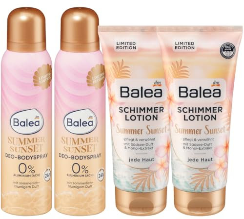 Balea SUMMER SUNSET 4er-Set Körperpflege: Deo BODYSPRAY Deospray mit sommerlich-blumigem Duft, ohne Aluminium (2 x 150 ml) + BODYLOTION pflegt & verwöhnt mit goldenem Schimmer (2 x 200 ml), 700 ml