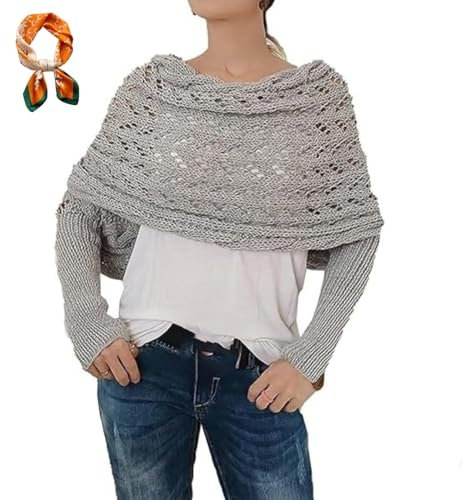 PFHHUDCV Multifunctional Scarf with Sleeves,Women's Shrug,Knitted Cable Wrap for Women,Scarf with Sleeves Crochet Pattern (Light Grey,One Size)