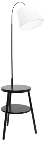 ValueLights Dark Wood Tripod Storage Floor Lamp with Shelves and Fabric Lampshade Living Room Side Table