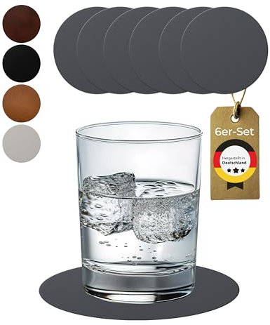 Lederfabrik Garnier® Untersetzer Gläser rund 6er-Set - rutschfest & Abwaschbar - Perfekter Tischschutz - Glasuntersetzer Leder Grau - Made in DE