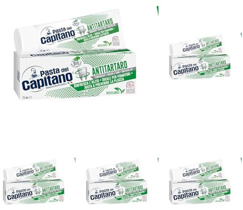 Pasta del Capitano, Dentifricio Antitartaro Bio, Dona Freschezza e Rinfresca l'Alito, Ideale per i Fumatori, Aiuta a Prevenire la Placca, 100% Made in Italy, Tubetto da 75 ml (Confezione da 5)