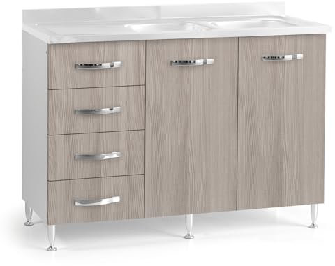 REDÒKASA Sotto lavello per cucina componibile da 120 cm con due ante e 4 cassetti, realizzata in legno 100% MADE IN ITALY (Senza Lavello Vasche a Destra, Olmo)