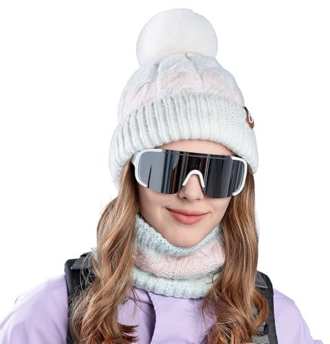 WANYIG Mütze Damen Winter Beanie Schal Set Warm Wintermütze Strickmütze mit Schal Herbst Mütze und Schal set mit bommel/Weichem Fleece Innenfutter(Farbverlauf Weiß)