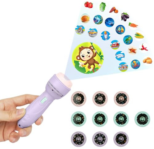 HOTUT Lampe Torche et Projecteur Animaux, Jouet Lampe de Poche Projecteur Histoire, Mini Projecteur Histoire Enfant avec 10 Disques 80 Images, Jouet Éducatif pour Garçons Et Filles-Violet