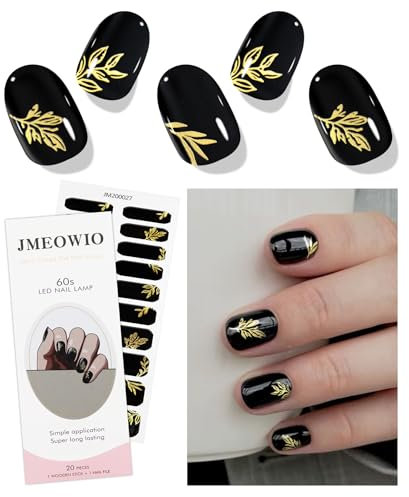 JMEOWIO Gel Nail Stickers Black Gold Flower Leaves Semi Cured Gel Nail Strips Wraps UV/LED Nails Art Design Decoration Accessories